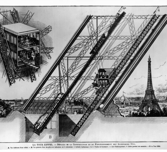Détails construction et fonctionnement ascenseurs Otis - gravure N & B - Expo Paris 1889